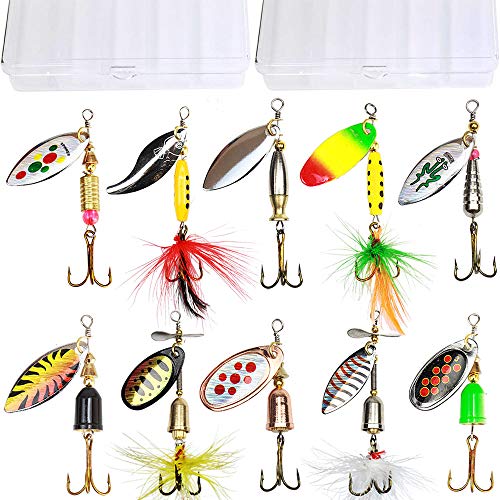 10pcs Fishing Lure Spinnerbait,Bass Trout Salmon Hard Metal Spinner Baits  Kit with 2 Tackle Boxes by Tbuymax