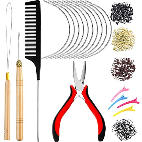 Hair Extension Kit,Sonku Pliers Pulling Hook Bead Device Tool Kit 200 Pcs  Black Silicone Lined Micro Rings Beads 2 Pcs Combs 5 Pcs Silver Metal