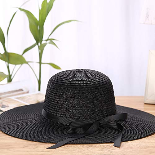 Chapter Seven Women's Sun Hat Floppy Foldable Bowknot Large Wide Brim Straw  Hat Summer Beach Cap UV Protection UPF50 (Black)