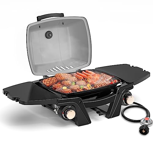 Ooiior Portable Gas Grill, Small Gas Grills Propane, Tabletop Gas Grill  Outdoor Camping Grill BBQ Grill 24000 BTU with 2 Burners, Removable Side  Tables, Built in Thermometer, Grey