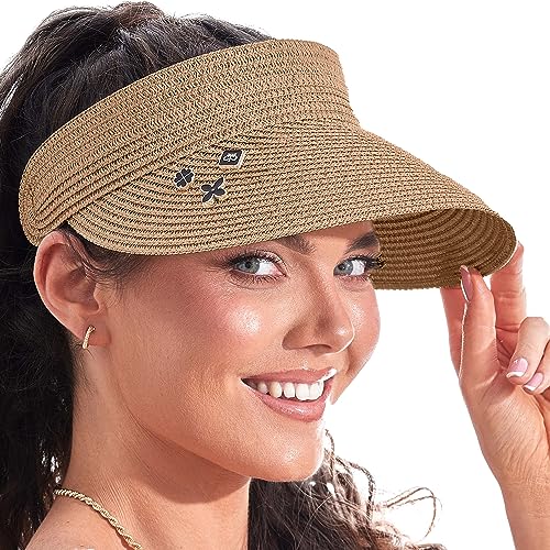 Foldable Womens Beach Sun Hat Wide Brim Roll Up Visors Summer Ponytail  Packable Travel Sunhat, Khaki, One Size