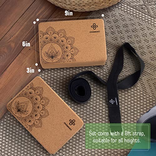 Overmont Cork Yoga Blocks 2 pack with 8ft Strap Set Natural Cork
