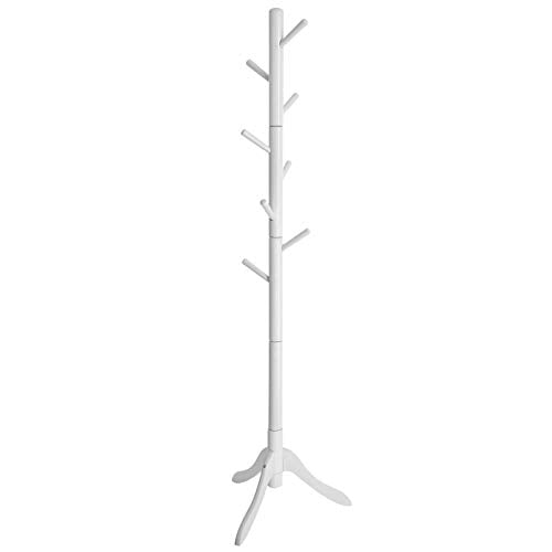 VASAGLE Standing Coat Rack, Solid Wood Coat Rack, Tree-Shaped Coat Rack with 8 Hooks, 3 Height Options, for Clothes, Hats, Bags, for Living Room, Bedroom, Home Office, White RCR60WT