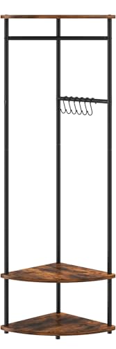ZERDER Coat Rack Freestanding, Corner Hall Tree Clothes Rack, Coat Hanger Stand with Movable Hooks for Clothes, Hat, Bag, Rustic Brown ZER-009Br
