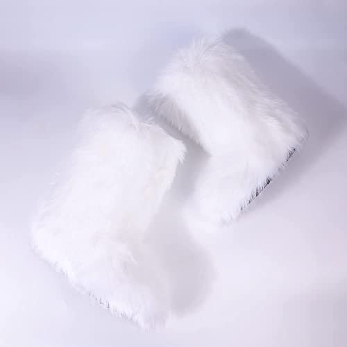 ZSGYCHCY Women's Faux Fur Boots Winter Fuzzy Fluffy Warm Furry Snow Boots Flat Shoes, White, 7.5