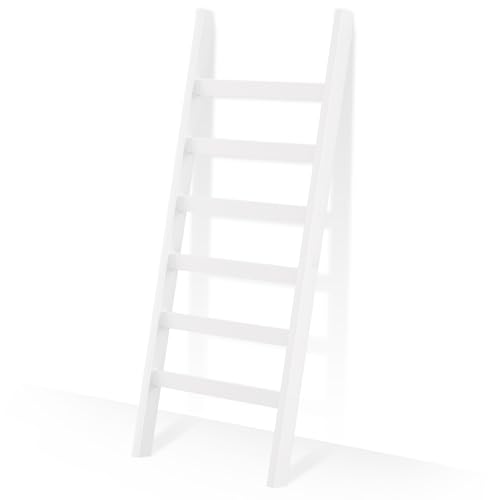 ZHOMUD Blanket Ladder, 6 Tier Blanket Holder, 68.9 Inch Tall Blanket Rack, Ladder Shelf Against The Wall, Rustic Bamboo Quilt Rack Stand for Bathroom, Living Room, Bedroom, Balcony, White