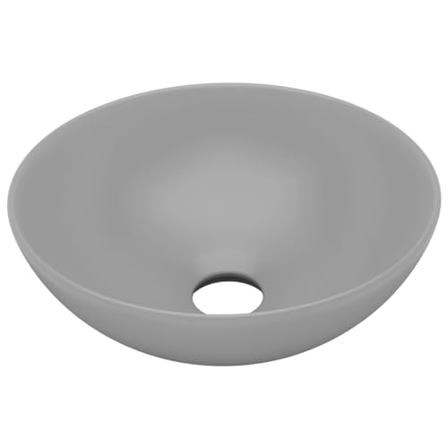 'vidaXL Ceramic Bathroom Sink - Light Grey, Round Shaped Above Counter Mount Basin - Easy to Clean, Matt Surface Finish with 4.5 cm Drainage Hole