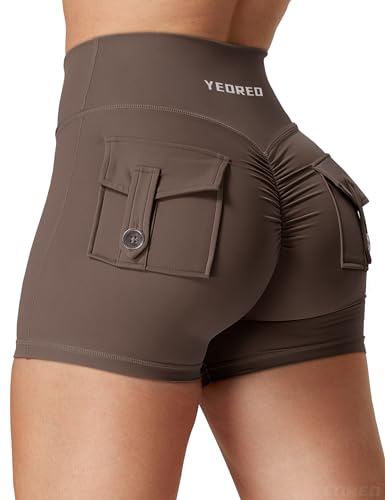 YEOREO Scrunch Workout Shorts with Pockets Charm Gym Biker Shorts for Women High Waisted Yoga Booty Shorts,