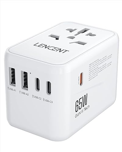 LENCENT Universal Travel Adapter, GaN III 65W International Charger with 2 USB Ports & 3 USB-C PD Fast Charging Adaptor, Worldwide Wall Charger for iPhone, Laptop, USA/UK/EU/AUS, (White)