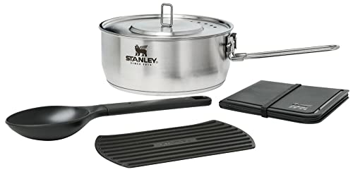 Stanley Even Heat Essential Pot Set, 4-Piece Camping Cookware Set with Stainless Steel Pots and Pans, Utensils, Lids, and Cooking Accessories, Outdoor Travel Kit for Campsites, Hiking, and More