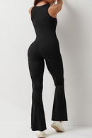 QINSEN Black Jumpsuit for Women Sleeveless Sexy Suqare Neck Stretch Flare Leggings Romper Unitard, Black, Small