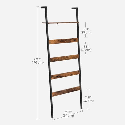 VASAGLE Blanket Ladder, Wall-Leaning Rack with Storage Shelf, for Blankets, Quilt, Towels, Scarves, Steel Frame, Industrial Style, Rustic Brown and Black ULLS012B01