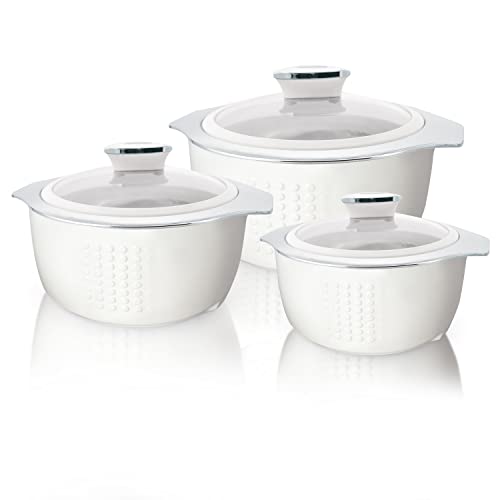 Jaypee Insulated Casserole Dishes | Serving Dishes With Glass Lid | Stainless Steel Inner | Keep Food Warm | Thermal Food Container | Hot Pot | Set of 3-1L, 1.5L, 2L -By Nyra (White)