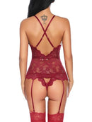 Women's Sexy Lace Lingeries Sets V Neck Adjustable Cross Strap Backless Bodysuit Teddy Babydoll Sleepwear with G-String Stockings