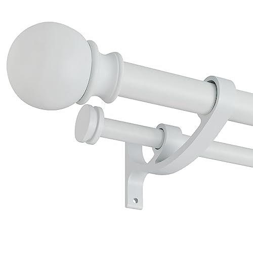 Lwiiom Double Curtain Rods with Aluminum Bouquet Brackets and Round Finials,Matte White Curtain Rods for Windows 72 to 144 inch,1-Inches Front and 5/8 Inches Back Double Window Drapery Rod for
