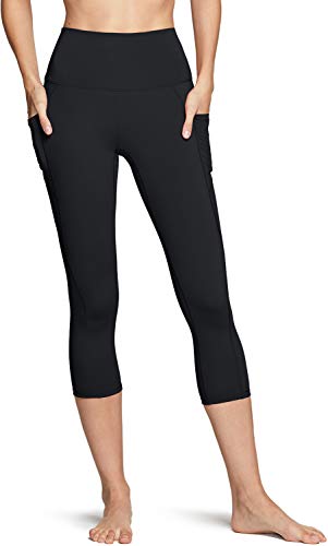 TSLA Women's Capri Yoga Pants, Workout Running Tights, 4-Way Stretch Leggings with Side Pocket FAC34-BLK Small