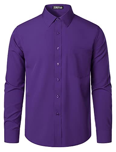 ZEROYAA Men's Regular Fit Dress Shirt Solid Wrinkle-Free Long Sleeve Casual Business Button Up Shirts with Pocket, Purple, X-Large