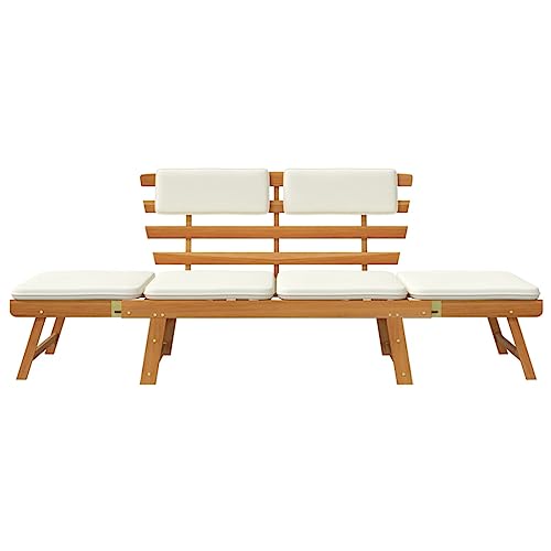 'vidaXL Garden Bench with 2-in-1 Design, Converts to Day Bed, Comfortable Cushions, Solid Acacia Wood, Weather-Resistant for Outdoor Use, Brown and White, 190 cm