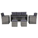 vidaXL Six-Piece Outdoor Lounge Set in Grey - Poly Rattan with Cushions - Includes Sofa, Armchairs, Table, Footstools, and Pillows for Patio, Garden, or Deck