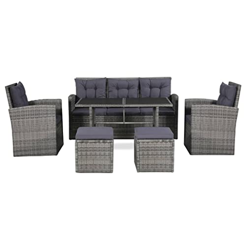 vidaXL Six-Piece Outdoor Lounge Set in Grey - Poly Rattan with Cushions - Includes Sofa, Armchairs, Table, Footstools, and Pillows for Patio, Garden, or Deck