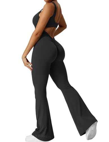 YEOREO Women Workout Scrunch Flare Jumpsuits Sexy Backless Butt Lift Gym Yoga Jumpsuits, Black, Medium