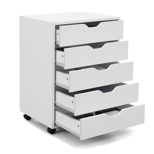 Costway 5-Drawer Chest of Drawers, Mobile File Cabinet, Lateral Filing Cabinet Drawers With Casters, Mobile Side Storage Cabinet Chest Home Office (White)