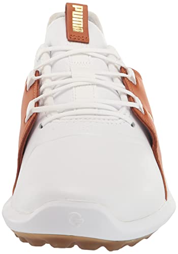 PUMA Men's Ignite Fasten8 Crafted Golf Shoe, Puma White/Gold/Leather Brown, 11