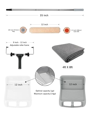 ROLLINGDOG 12" Paint Roller Kit - 9Inch Paint Rollers Paint Tray with 3PC Tray Lniers,Stainless Steel Extension Pole (3ft),Drop Cloth