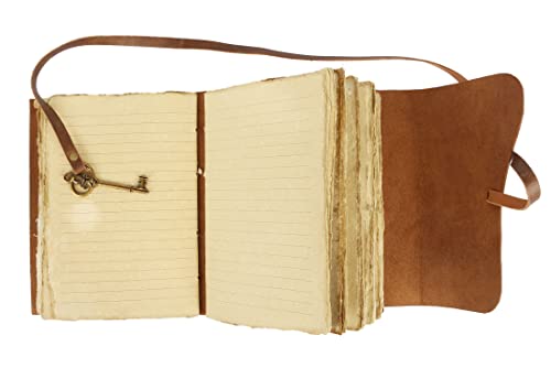 Leather Journal with lined Deckle Edge Paper 8x6 inch and Vintage Key/Handmade Writing Notebook Diary/Bound Daily Notepad for Men & Women Medium, Sketch/Writing pad, for Artists (8 x 6, Brown)