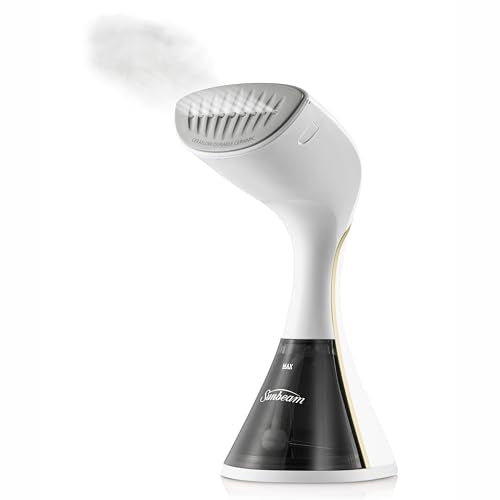 Sunbeam Power Boost Handheld Garment Steamer | 2100W, 90g/Min Steam Shot Clothes Steamer, Fast Heat Up Travel Steamer, Durable Scratch Resistant Cermaic Plate, White & Gold SCG2000
