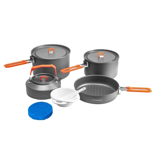 Fire-Maple Camping Cookware Set with Pot, Kettle, Pan for 4 People Feast4, Easy to Clean Hard Anodized Aluminum, 8 Piece Pot and Mess Kit, Essential Pots and Pans Set, Camping Gear and Accessories