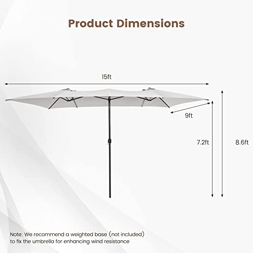 TANGKULA 15 FT Double-Sided Patio Umbrella with Crank Handle, Vented Tops, Large Outdoor Rectangle Market Twin Umbrella with 10-Rib Metal Structure, Table Umbrella for Poolside Deck Lawn Garden (Beige)