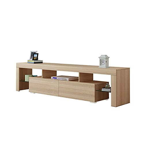 TV Cabinet Entertainment Unit with 2 Drawers & Open Storage Shelf Wooden TV Stand Living Room Furniture Oak 200cm