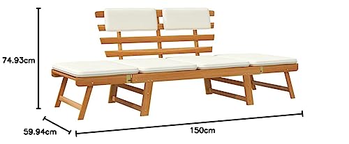 'vidaXL Garden Bench with 2-in-1 Design, Converts to Day Bed, Comfortable Cushions, Solid Acacia Wood, Weather-Resistant for Outdoor Use, Brown and White, 190 cm