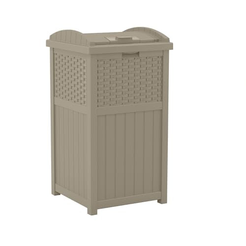 Suncast 33 Gallon Hideaway Trash Can for Patio - Resin Outdoor Trash with Lid - Use in Backyard, Deck, or Patio - Dark Taupe