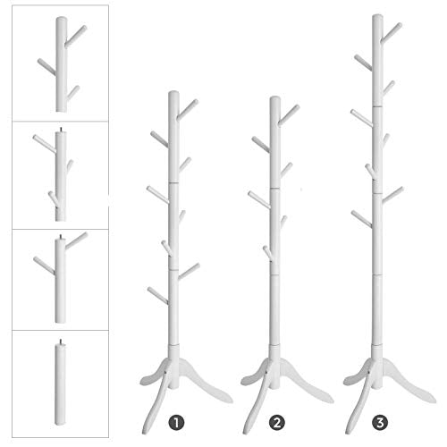 VASAGLE Standing Coat Rack, Solid Wood Coat Rack, Tree-Shaped Coat Rack with 8 Hooks, 3 Height Options, for Clothes, Hats, Bags, for Living Room, Bedroom, Home Office, White RCR60WT