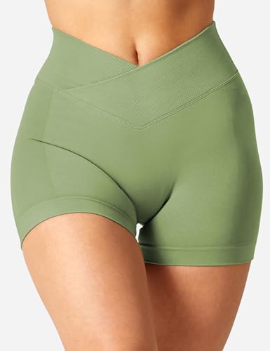 YEOREO Scrunch Butt Workout Shorts Women 3.5" Seamless V Cross Waist Sport Gym Amplify Shorts, 2 Green (3.5" Inseam, Medium