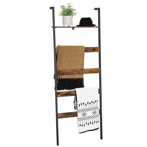 VASAGLE Blanket Ladder, Wall-Leaning Rack with Storage Shelf, for Blankets, Quilt, Towels, Scarves, Steel Frame, Industrial Style, Rustic Brown and Black ULLS012B01