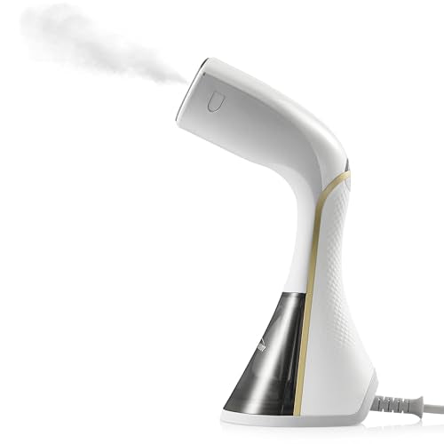 Sunbeam Power Boost Handheld Garment Steamer | 2100W, 90g/Min Steam Shot Clothes Steamer, Fast Heat Up Travel Steamer, Durable Scratch Resistant Cermaic Plate, White & Gold SCG2000
