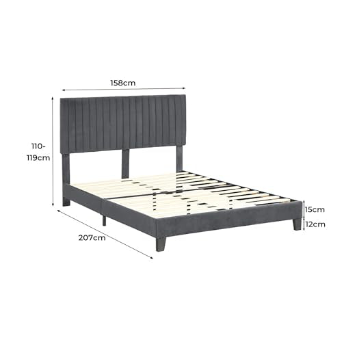 LEVEDE Queen Bed Frame Platform, Wooden Bed Base with Adjustable Headboard, Upholstered Velvet Mattress Support, Modern Classic Bedroom Furniture, Easy to Assemble (Grey)