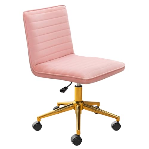 Furniliving Velvet Home Office Chair, Armless Vanity Desk Task Chair with Wheels 360° Swivel Computer Rolling Desk Chair with Back, Adjustable Accent Chair with Gold Metal Base Stool Chair (Pink)