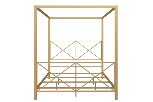 DHP Rosedale Metal Canopy Bed Frame with Four Poster Design and Geometric Accented Headboard and Footboard, Underbed Storage Space, Full, Gold