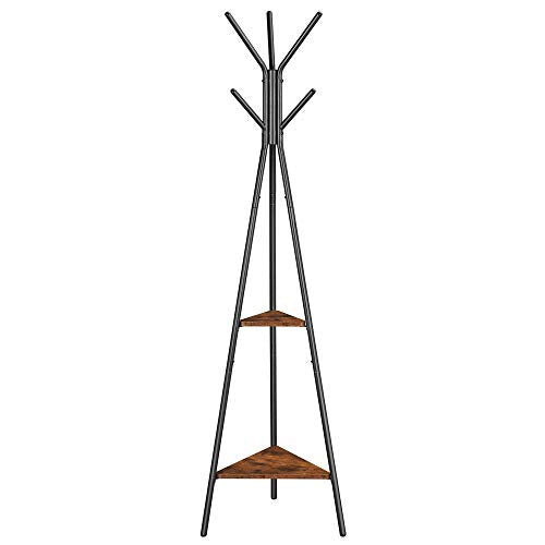 VASAGLE Coat Rack Freestanding, Coat Hanger Stand, Hall Tree with 2 Shelves, for Clothes, Hat, Bag, Industrial Style, Rustic Brown and Black URCR16BX