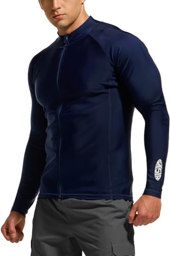 TSLA Men's Long Sleeve Zip Rash Guard, UPF50+ UV/Sun Protection Quick Dry Swim Shirts MSZ01-NVY Large