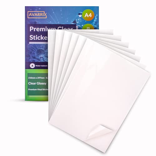 Avarrix Australia Printable Vinyl Sticker Paper for Inkjet & Laser Printer, Frosted Clear Glossy, 25 Sheets, A4 Size, Glossy Transparent Self Adhesive Sheets, Waterproof A4 Sticker Paper for Printer