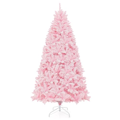 Costway 215 cm Pink Flocked Christmas Tree, Hinged Xmas Tree with 1200 PVC Branch Tips, 500 LED Lights & 8 Lighting Modes, Pre-Lit Decoration Tree for Home, Office & Carnival, Easy Assembly