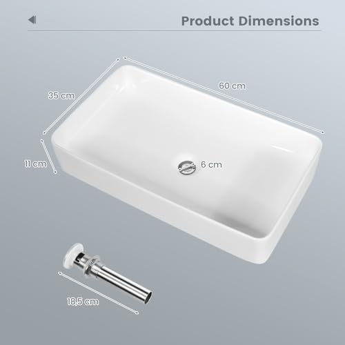 Costway 62 x 35 cm Bathroom Vessel Sink, Porcelain Bathroom Bowl Basin, White Porcelain Ceramic Basin Vessel Vanity Sink Art Basin, w/Pop-up Drain, Ideal for Home, Restaurant and Hotel, Rectangle