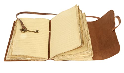 Leather Journal with lined Deckle Edge Paper 8x6 inch and Vintage Key/Handmade Writing Notebook Diary/Bound Daily Notepad for Men & Women Medium, Sketch/Writing pad, for Artists (8 x 6, Brown)