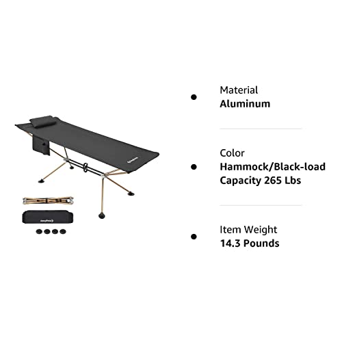 KingCamp Camping Cot for Adults Portable Hammock with Aluminum Alloy Stand Lightweight Robust Folding Sleeping Cot Non-Slip Outdoor Hammock Bed for Indoor Patio Garden Yard Nap Sunbathing Cot Black