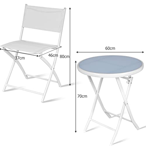 Costway Bistro Table Set, 3 Piece Patio Bistro Set, Outdoor Folding Table and Chairs, Foldable Patio Dining Set, Porch Furniture Set Garden Backyard Metal Frame No Assembly (White)